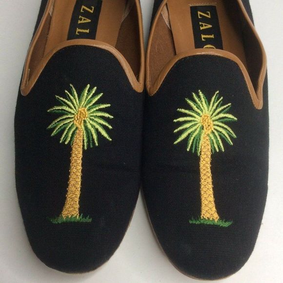 Zalo Smoking Loafer Green Embroidered Palm Trees - Picture 8 of 9